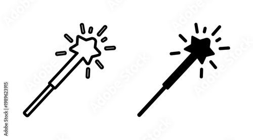 Magic wand star icon set in outline and solid style