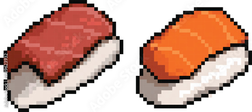 illustration of salmon and tuna sushi in pixel art style