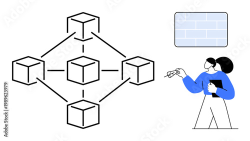 Blockchain technology, education, data security, decentralized networks, tech innovation, digital transformation. Person explaining blockchain network. Blockchain technology and education concept