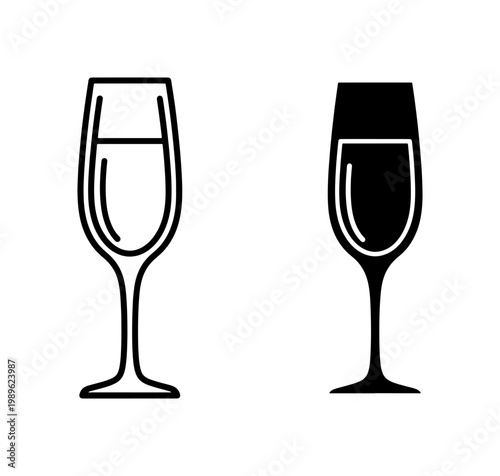 Champagne flute glass icon set in outline and solid style