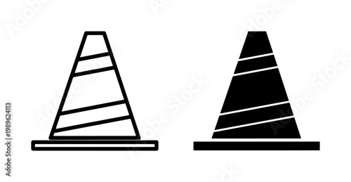 Traffic cone icon set in outline and solid black style