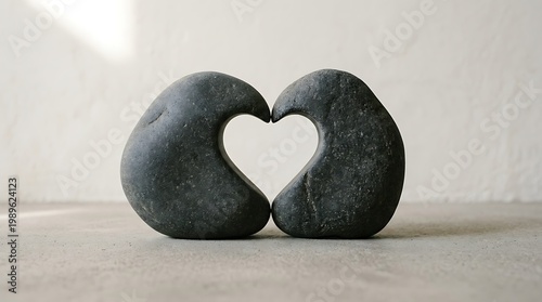 Two simple objects positioned to form a heart-shaped space between them, symbolizing love, care, and connection in a minimal concept scene.