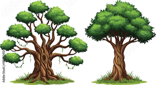 Detailed Green Fantasy Forest Trees with Twisted Trunks and Lush Canopy in Game Art Style Vector Illustration Set