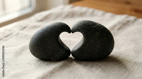 Two simple objects positioned to form a heart-shaped space between them, symbolizing love, care, and connection in a minimal concept scene.