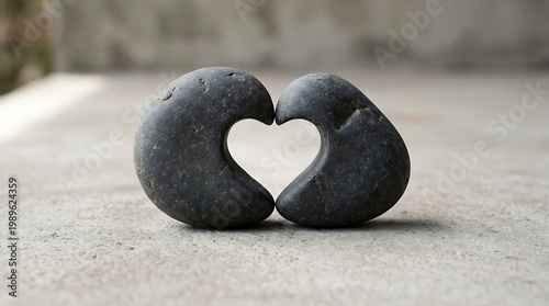 Two simple objects positioned to form a heart-shaped space between them, symbolizing love, care, and connection in a minimal concept scene.