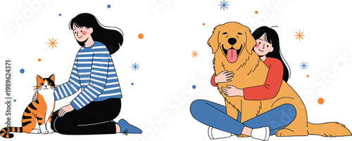 Cute Young Women Bonding with Adorable Cat and Fluffy Dog in Colorful Flat Style Vector Illustration Set