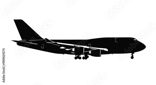 Airplane silhouette flying isolated on white background, commercial aviation concept, travel transportation
