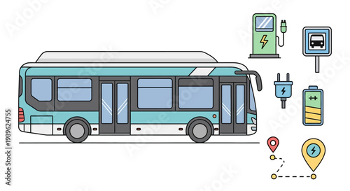 Modern Electric Bus with Charging Icons and Location Markers.