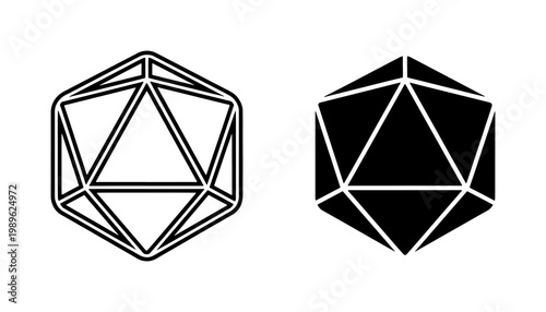 D20 Dice Line and Silhouette Icons for Tabletop Gaming