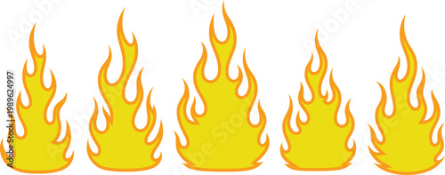 Five cartoon flames on white background