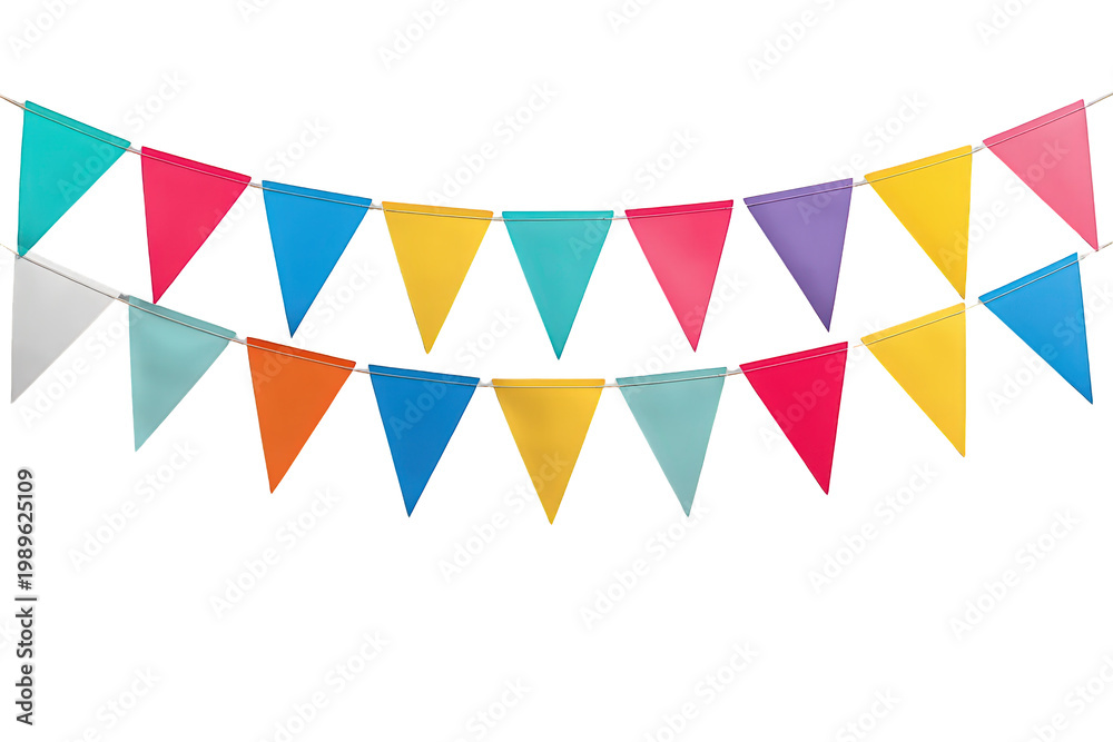 Obraz premium Colorful party bunting garland with pennant flags hanging on string, creating a festive celebration decoration, transparent background