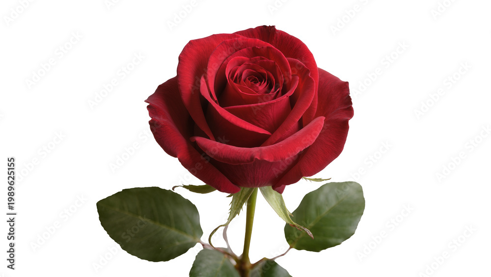 Fototapeta premium Isolated beautiful vibrant red rose flower with green leaves and stem, elegant romantic bloom