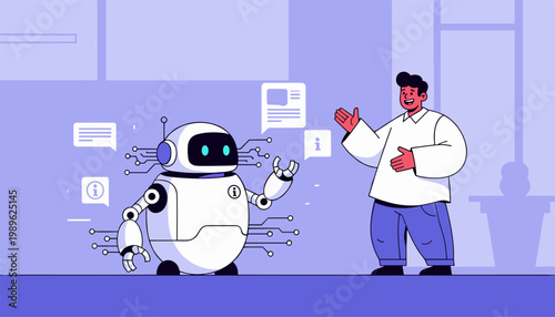 Human and friendly robot interacting with AI assistant in modern workspace