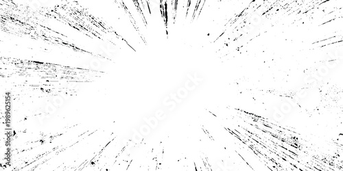 Grunge radial burst background with black distressed lines spreading from center on white, rough texture, abstract explosion pattern, high contrast, edgy minimalist style vector illustration.