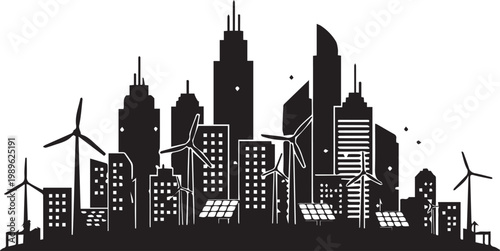 Black silhouette of a modern city skyline with wind turbines and solar panels isolated on transparent background