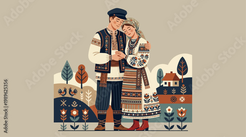 A stylized couple in traditional folk costumes stands closely, expressing warmth and romance through clean geometric shapes, muted tones, and intricate embroidery in a modern flat vector design style