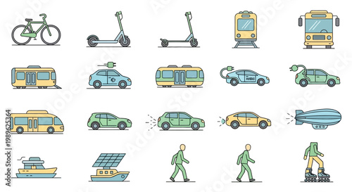 Transportation vehicles and people icons.