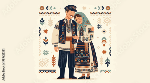 A stylized couple in traditional folk costumes stands closely, expressing warmth and romance through clean geometric shapes, muted tones, and intricate embroidery in a modern flat vector design style