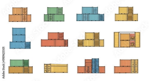 Colorful stacked boxes and containers.