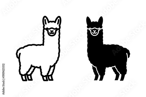 Llama Silhouette and Outline Vector Icon Set