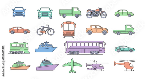 Various Vehicles on White Background.