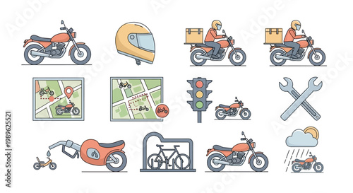 Motorcycles and Riding Gear Icons.