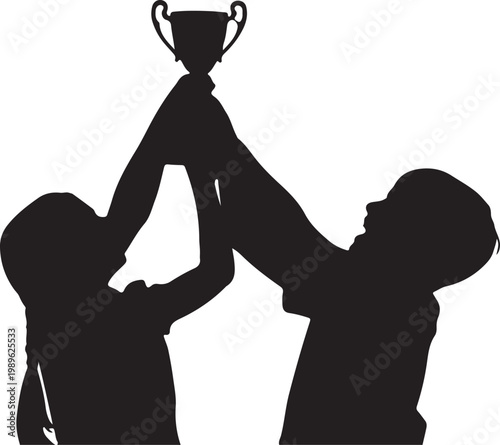 Joint victory of two schoolchildren, joyfully holding golden cup for participating in team intellectual game. Joint victory of children raising hands up after triumphant return from tournament