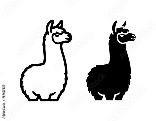 Llama silhouette and outline vector icons on white background