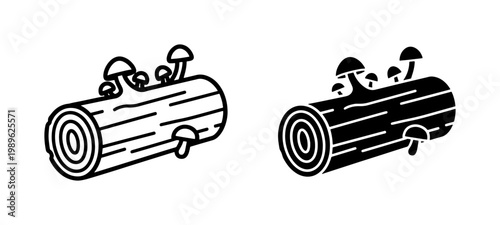 Mushrooms growing on fallen tree log icon set