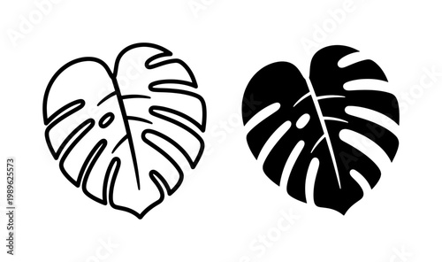 Monstera Deliciosa Leaf Outline and Black Silhouette Icon Set