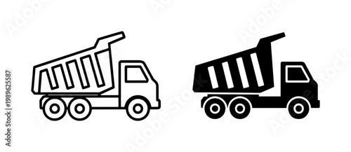 Dump truck icon set in outline and solid black style