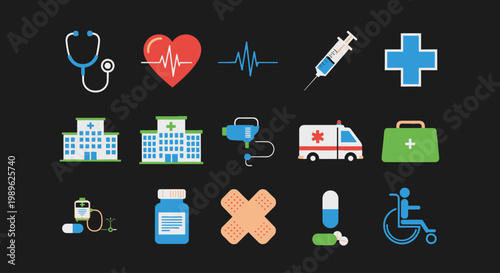 Medical icons on black background.