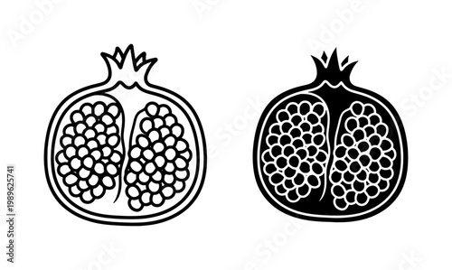 Pomegranate fruit line art and black silhouette icon set