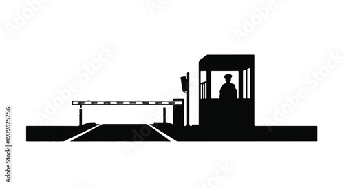 Silhouette of a security checkpoint with a guard in a booth and a closed barrier gate.