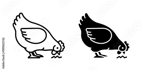 Pecking Chicken Line Art and Solid Silhouette Icon Set