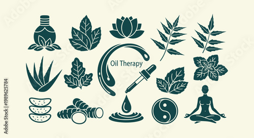Holistic Oil Therapy Icon Set Featuring Herbal Plants Aloe Vera Mint Turmeric and Yoga Meditation