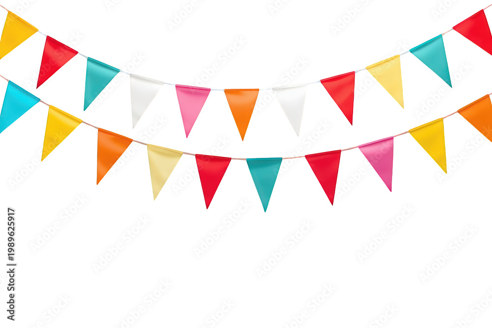 Fototapeta premium Colorful bunting garland hanging creating a festive celebration decoration, transparent background