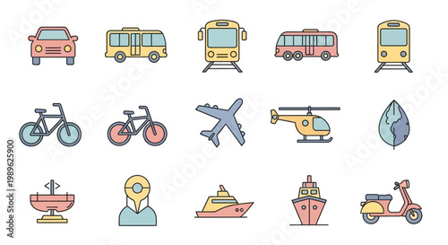 Various Vehicles and Transportation Icons.