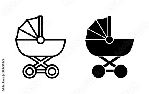 Baby stroller line and silhouette icon set