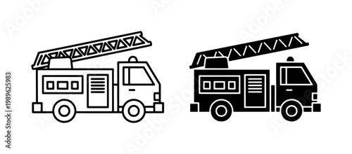 Fire truck icon set with ladder and outline silhouette