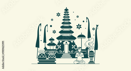 Schilderij op canvas Balinese Hindu Temple Pura Vector Illustration with Meditation Prayer and Traditional Offerings