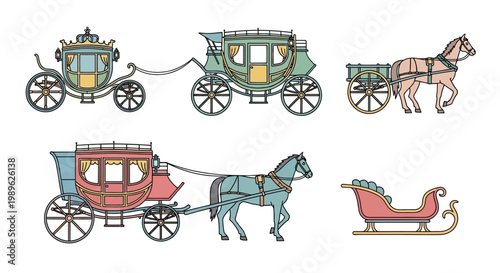 Vintage horse drawn carriages and sleigh.