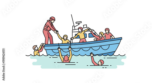 People in a boat helping others.