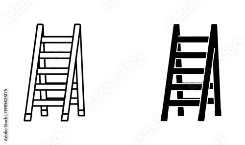 Stepladder Icon Set with Outline and Solid Black Silhouette