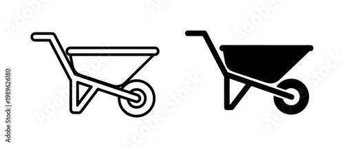 Wheelbarrow outline and solid black icon set