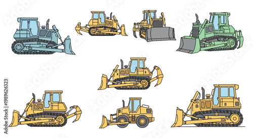Bulldozers in various positions and colors.
