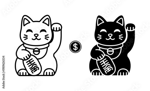 Japanese Maneki Neko Lucky Cat Vector Icons with Dollar Coin