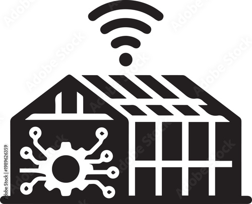 Vector illustration of a smart farm with WiFi connectivity and a gear mechanism, isolated on transparent background