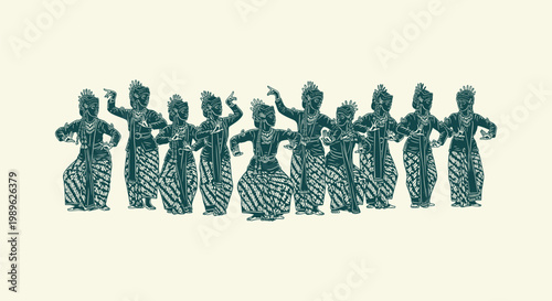 Traditional Indonesian Javanese Women Performing Classic Folk Dance Silhouette Drawing Illustration
