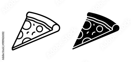 Pizza slice line and solid black icon set